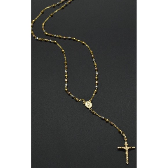 14k Solid Tr-iColor Gold Rosary Virgin Mary Jesus Cross Necklace 7.3 gr - Picture 2 of 5